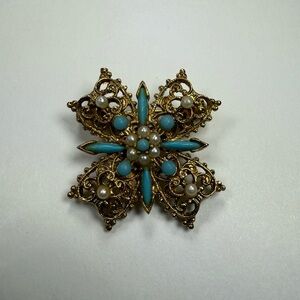 Hollycraft Pin Brooch Gold Tone Maltese Cross Turquoise Rhinestones Faux Pearls